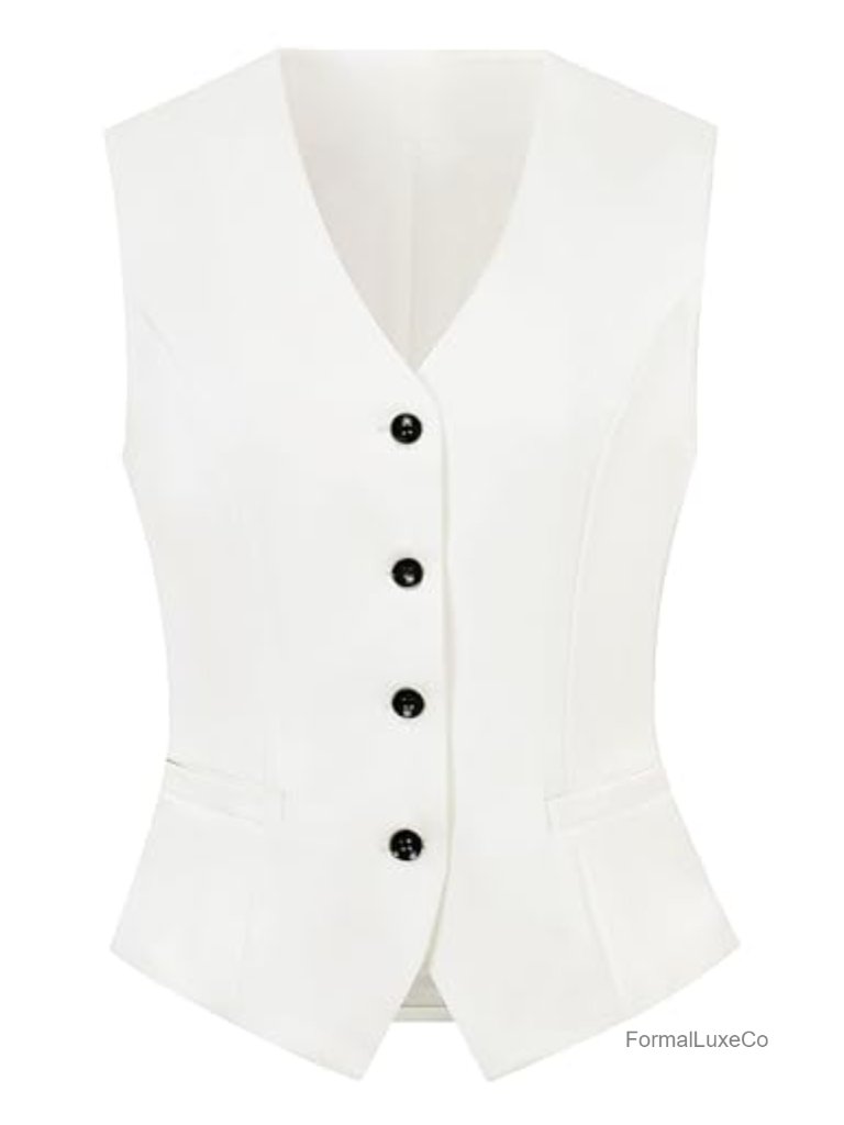 Women's V-Neck Sleeveless Vest With Pockets, Button Down, Office Business